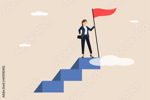Business success, business target or business goal, business woman standing at the edge of success ladder and holding success flag.