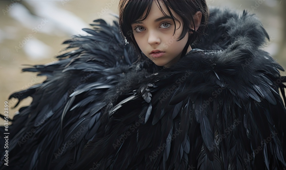 With her black hair and a dress adorned with black feathers, the teenage girl emanated an enigmatic and captivating presence. With her black hair and a dress adorned with black feathers, the teenage girl emanated an enigmatic and captivating presence.