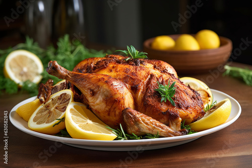 Shawarma Roast Chicken with shallots and lemons, served on a white ceramic plate. (Generative AI)