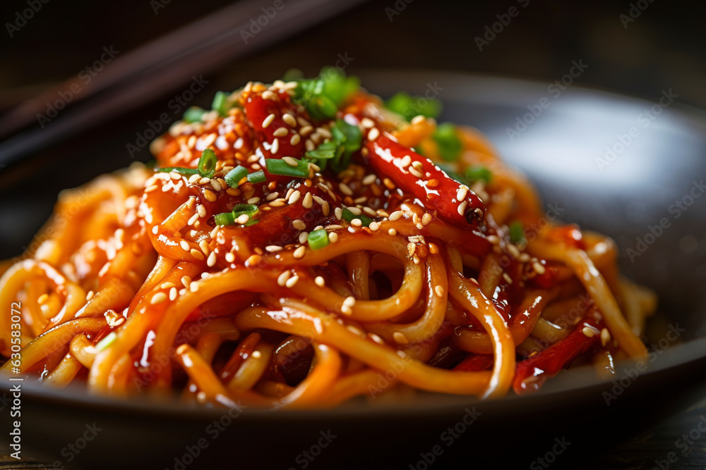 A close-up view of spicy gochujang-sesame noodles. (Generative AI) A close-up view of spicy gochujang-sesame noodles. (Generative AI)