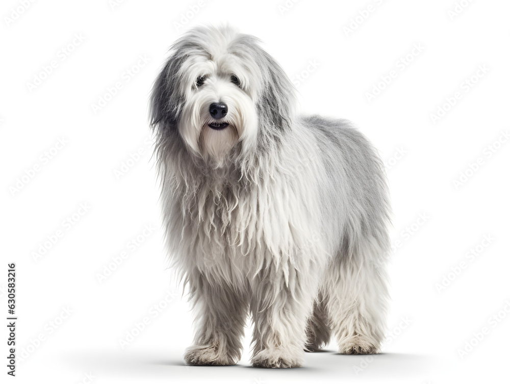Old English Sheepdog, a large dog with a long gray tail and a body with white fur. This dog has very long fur that covers both the face and eyes. Generative AI. Illustration.