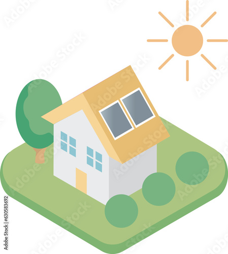 アイソメトリック　ソーラーパネル　住宅　太陽光発電　蓄電池　シンプル　ビジネス　イラスト素材