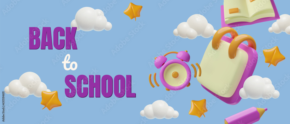 Obraz premium 3D Autumn School Time Horizontal Banner Design with three dimensional plastic stationery and cloud