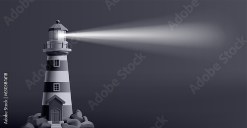 3d render illustration of a lighthouse at night with beacon shining and navigating the route
