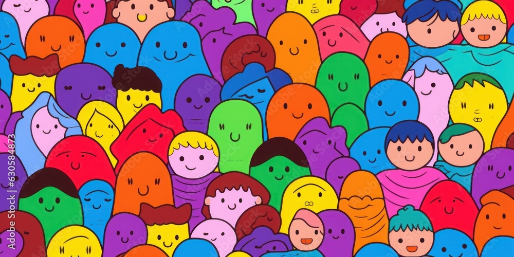 Fototapeta premium Diverse colorful people crowd seamless pattern illustration. Multi color rainbow cartoon characters in funny children doodle style. Friendly community, Generative AI