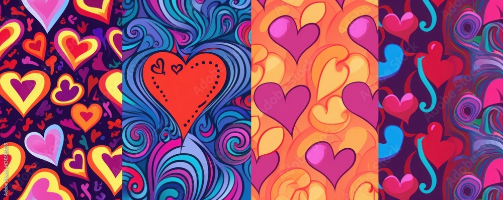Set of retro psychedelic love seamless pattern for valentine's day holiday. Vintage trippy romantic background arts. Wedding gift wallpaper print bundle with heart shape and text quote. generative ai - obrazy, fototapety, plakaty 