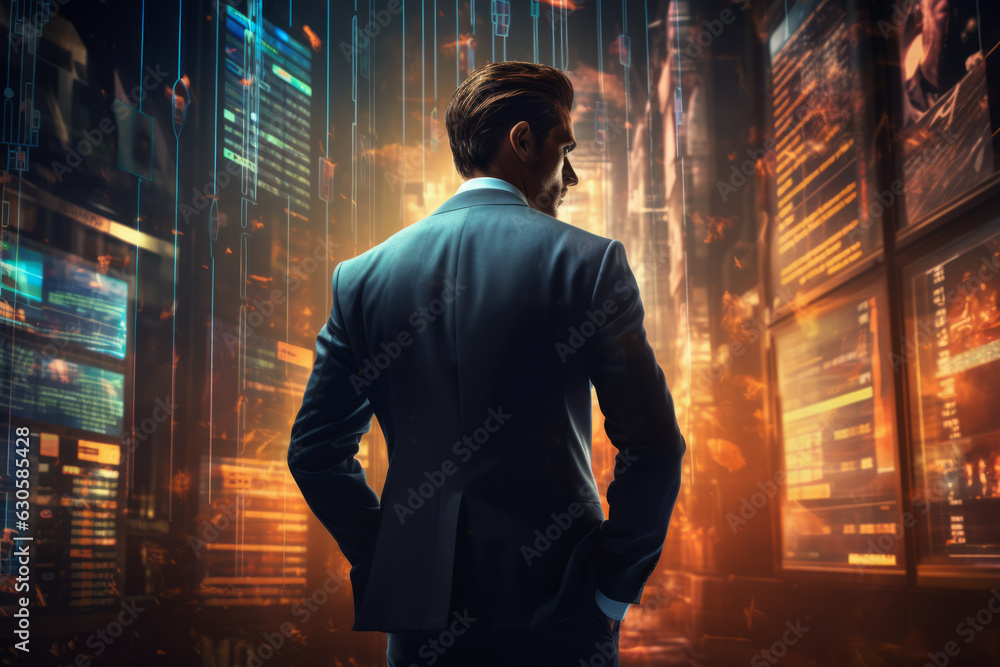 Businessman analyzing stock market trends on electronic map background, Generative AI Businessman analyzing stock market trends on electronic map background, Generative AI
