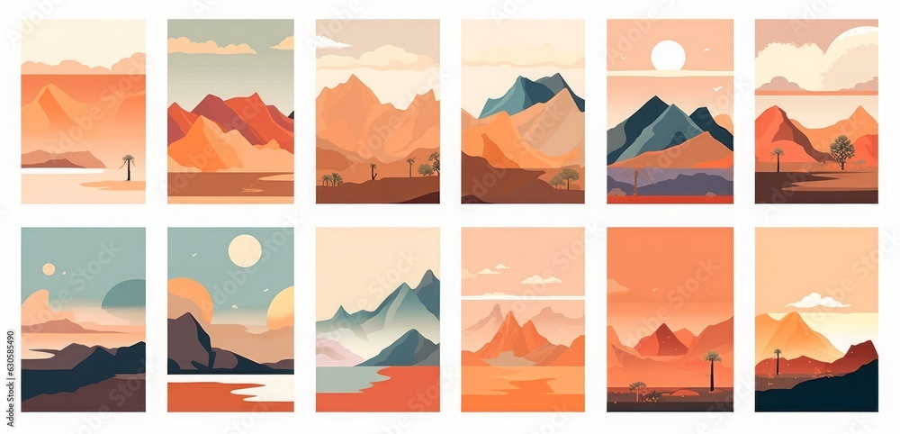Big set of abstract mountain landscape banner collection. Trendy flat art style backgrounds of diverse vintage travel scenery. Nature environment, winter biome, multicolor hills, desert, Generative AI