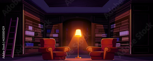 Library room with book interior cartoon background. Old librarian bookshelf wall in college university or at night with cozy armchair and lamp light to read in public hall. Literature in university
