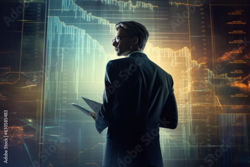 Businessman analyzing stock market trends on electronic map background, Generative AI