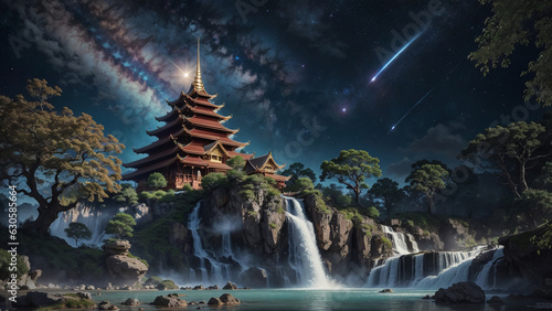 Beautiful temple perched atop a big mountain, with a cascading waterfall flowing nearby, creates a breathtaking and spiritual scene in the night time.