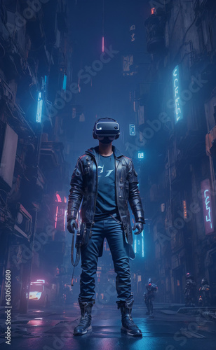 Surreal setting of the night city bathed in blue light, a man wearing a VR headset and a black leather jacket embodies the intersection of technology and urban life. © DSM