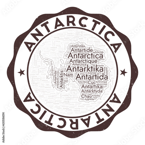 Antarctica logo. Beautiful country badge with word cloud in shape of Antarctica. Round emblem with country name. Radiant vector illustration.