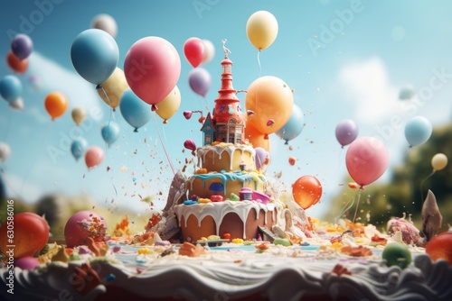 Colorful Balloons Adorning the Birthday Cake with Confetti and Party Hats, Celebration Concept, Copy Space, Generative AI