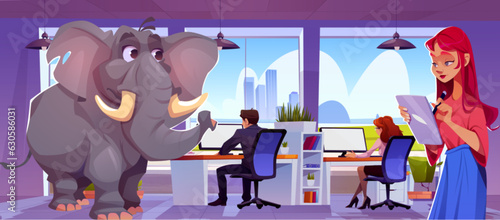 Business people working on computers, elefant in middle of company office. Vector cartoon illustration of employees busy with project, concept of ignoring problem, not noticing unpleasant situation