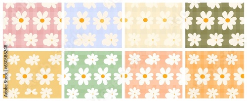 Trendy floral seamless pattern illustration set. Vintage 70s style hippie flower background collection. Geometric pastel color checkered artwork, y2k nature backdrop with daisy, Generative AI