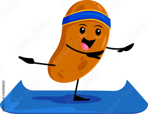 Cartoon potato vegetable character on yoga fitness sport. Isolated vector raw tuber stand on mat in yogi asana promoting healthy lifestyle and mindfulness, whimsical food personage wellness workout
