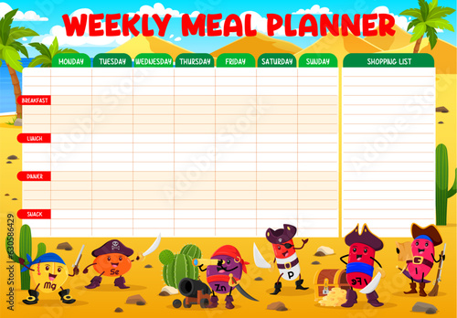 Weekly meal planner, cartoon vitamins and micronutrients pirate characters. Vector Mg, Se, Zn, P, Fe and I supplement capsule corsairs on treasure island. Schedule, organizer check list for dieting