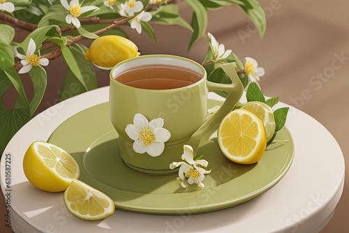 picture of Iaso Tea in a table with ginger and lemon, and some little flowers photo