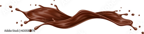 Realistic liquid chocolate wave splash. Isolated 3d vector rich, velvety cocoa cascading in a captivating splash, enticing the senses with its luscious aroma and irresistible sweetness