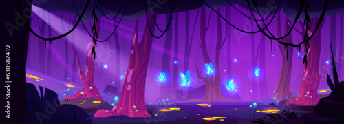 Magic night forest landscape cartoon background with firefly and ore puddle glow. Fantasy jungle game illustration with tree and mysterious mushroom. Tropical wonderland with fantastic glowworm