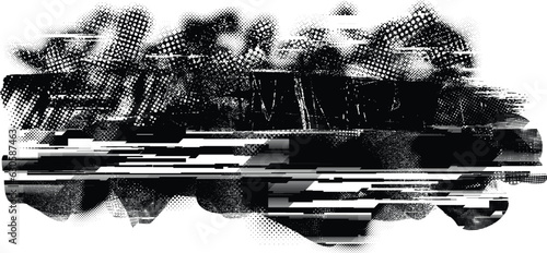 Glitch distorted grange shape . Noise grungy logo . Trendy defect error shapes . Glitched frame .Grunge textured . Distressed effect .Vector shapes with a halftone dots screen print texture.