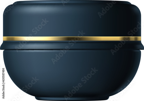 Realistic black cosmetics bottle, tube and plastic container. Sleek cream jar isolated 3d vector mockup, perfect for storing skincare products or cosmetic. Round blank bottle with cap and golden decor