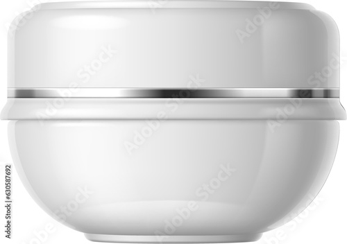 Realistic cosmetics plastic cream container isolated 3d vector mockup. White plastic jar for cosmetic presentation, showcase product packaging ideas and company branding concepts