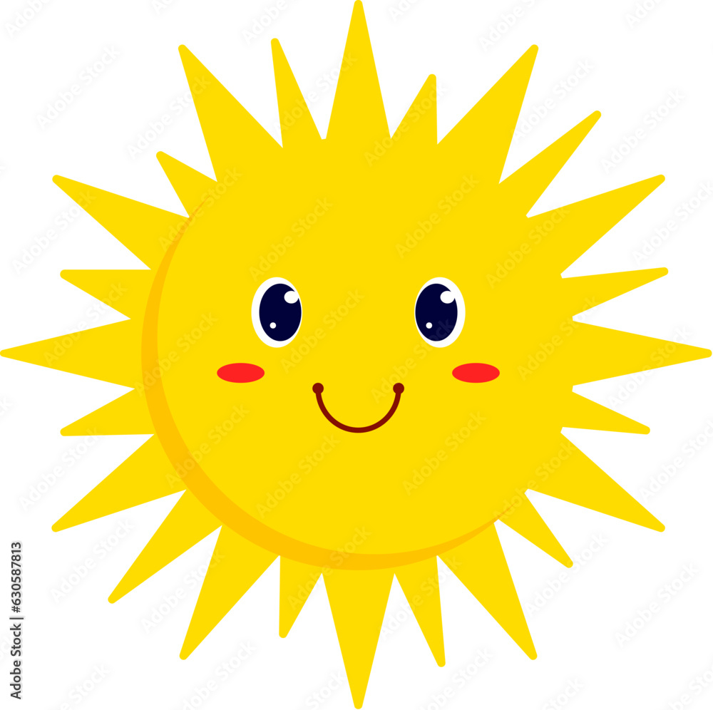 Smiling sun cartoon character, vacation emoji. Vector sunny day emoticon, childish joyful sun emoticon, weather forecast personage