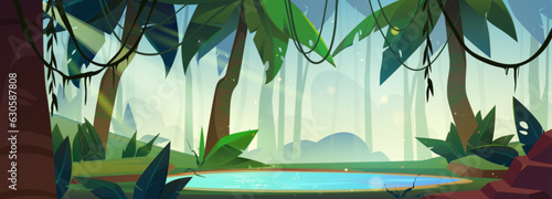 Fantasy spooky green jungle forest background with palm tree and tropic liana stem. Mystery rainforest illustration picture for adventure game environment. Lake water with rock scene nature wallpaper