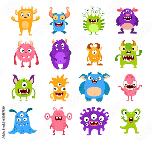 Cartoon funny monster characters. Cute comic creatures isolated vector set. Joyful kawaii Halloween personages. Devils, goblins, aliens, smiling mutants with horns, wings, fangs, eyes, tongues, tails