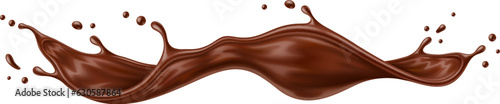 Realistic liquid chocolate long wave splash, enticing with its creamy richness, captures the essence of indulgence in a delectable treat. Isolated 3d vector brown splashing jet with droplets mid-air