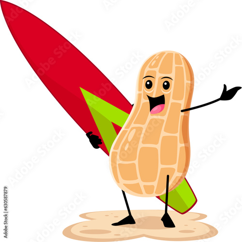 Cartoon cheerful peanut nut pod character confidently standing on a sunny beach with surfing board. Isolated vector personage sporting a wide grin, ready to ride waves during relaxed summer vacation