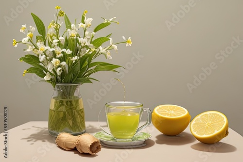 picture of Iaso Tea in a table with ginger and lemon, and some little flowers photo