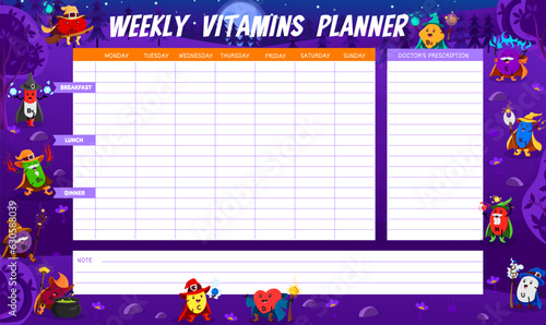 Weekly vitamins planner. Cartoon vitamin wizards and sorcerers in Halloween forest. Vector supplement organizer template with B12, C or B1, P or D. U, N, K, E and B2 warlock capsule characters