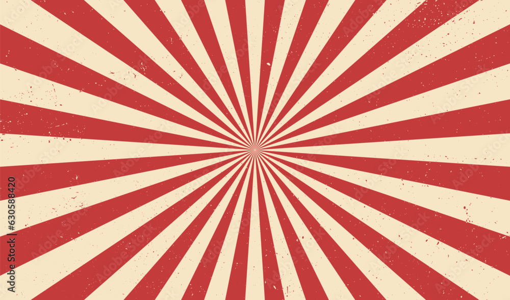 Circus background and spiral retro rays vector pattern. Vintage poster of red white sun or star burst radial lines with grunge texture, circus, carnival, summer fair or chapiteau backdrop