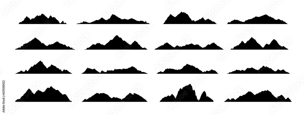 Fototapeta premium Black mountain, hill and rock silhouettes. Vector rocky ranges and ridges with snow peaks and tops. Mountain nature landscape silhouettes, hiking sport, tourism, outdoor adventure and camping themes