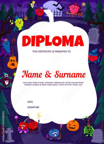 Halloween kids diploma. Cartoon berry fruit wizards and mages at night cemetery. Vector certificate with funny raspberry, cranberry, honeyberry and grapes. Blackberry, cherry, blueberry and pumpkins