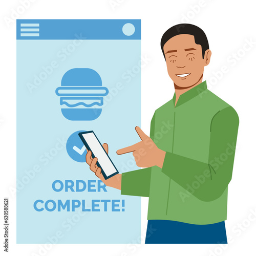 delivery man completeng order in flat illustration