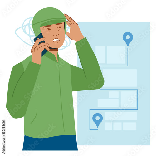 delivery man confused at map in flat illustration