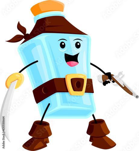 Cartoon pulque pirate and corsair tex mex mexican drink character. Isolated vector whimsical and adventurous alcohol beverage bottle personage with gun and sword. Swashbuckling filibuster or sea rover