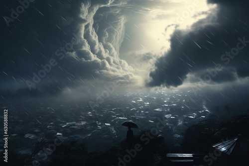 An image of heavy rain storm over a village - Generative AI