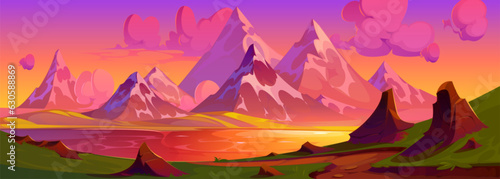 Lake and mountain sunset sky summer landscape background. Orange, pink and purple beautiful horizon scenery. Calm and magic outdoor adventure illustration for hiking or vacation panoramic design