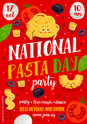 Pasta day party flyer with funny italian pasta characters fettuccine, creste, ditalini and cavatappi personages inviting for macaroni party with live music, food and drink. Vector invitation poster