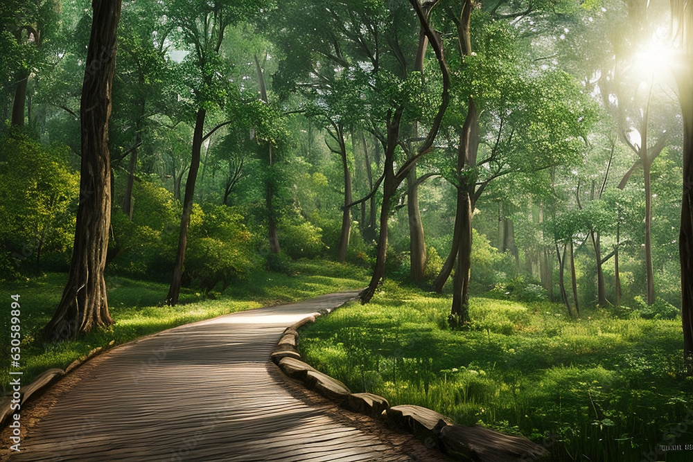 Naklejka premium Unreal fantasy forest landscape with beautiful garden, trees and flowers. Heavenly Garden Fantasy Illustration