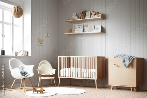 Stylish scandinavian newborn baby room with wooden cupboard, toys, children chair, natural basket modern interior with white wooden background wall, wooden parquet and cottona balls. Home decoration.