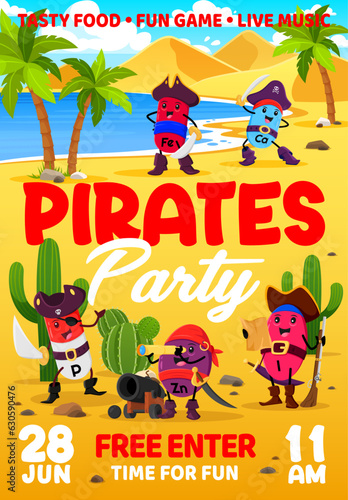 Kids party flyer with cartoon pirate characters. Vector poster, invitation for entertainment with P, Zn, I and Fe or Ca supplements, vitamins and micronutrient filibuster personages on treasure island