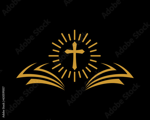 Open the book with shining cross vector logo