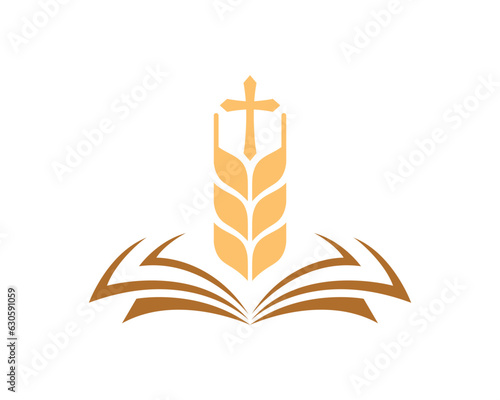 Open the book with golden wheat above
