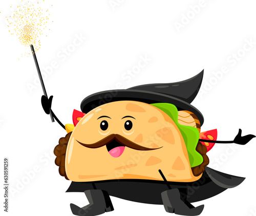 Cartoon Halloween taco tex mex food wizard and mage character. Isolated vector snack whimsical personage blending mexican cuisine with magic for a delightful and enchanting culinary experience